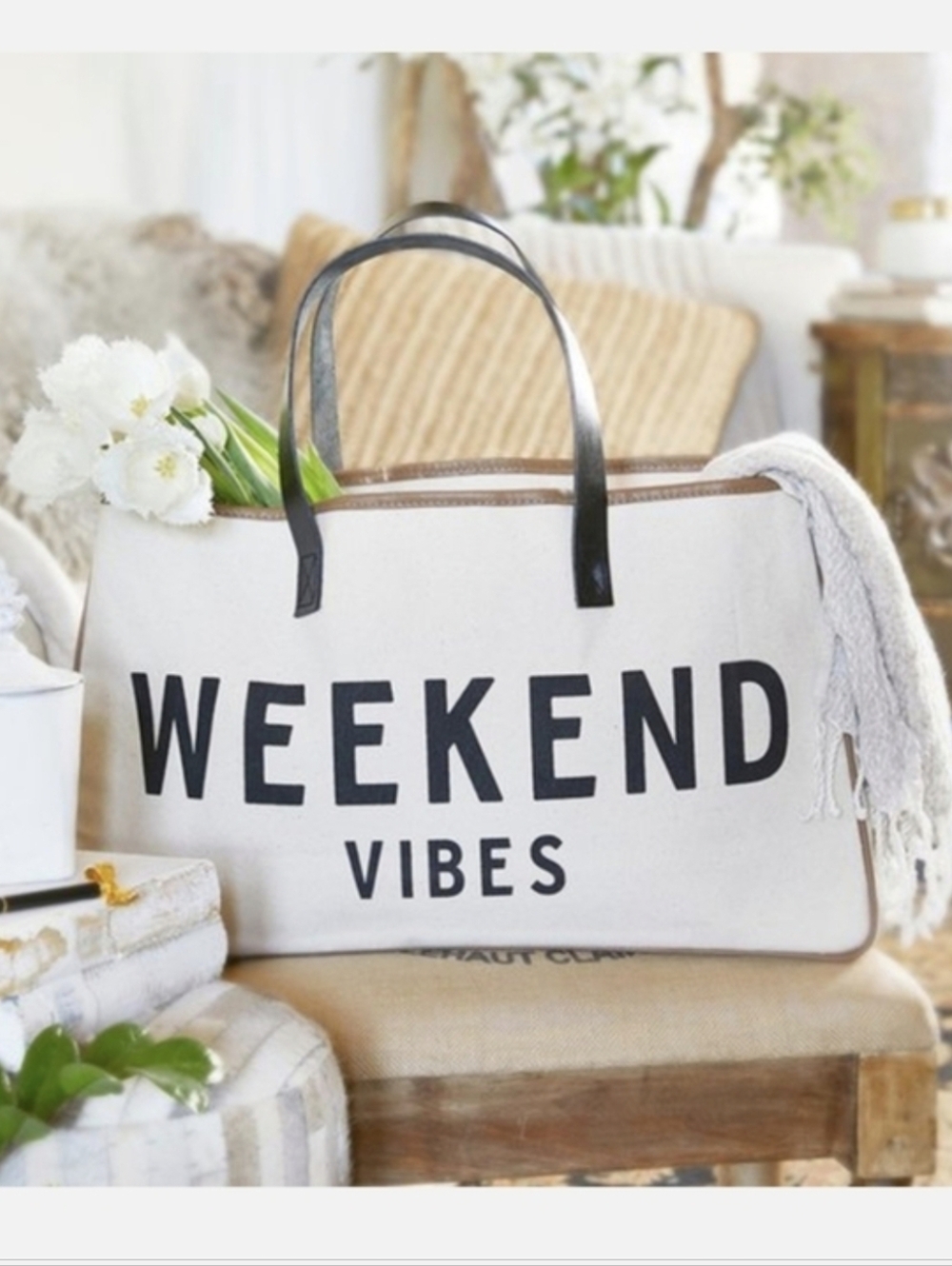 Weekend Vibes Canvas Tote Bag - with Brown Trim.         Like New
